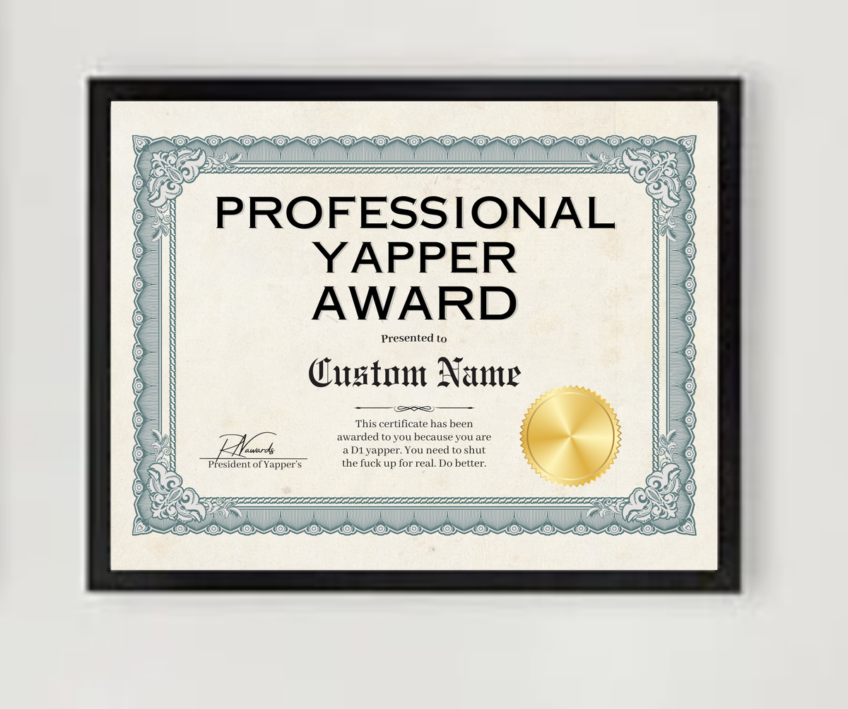 Yapper Sign Professional Yapper Award – RN Awards