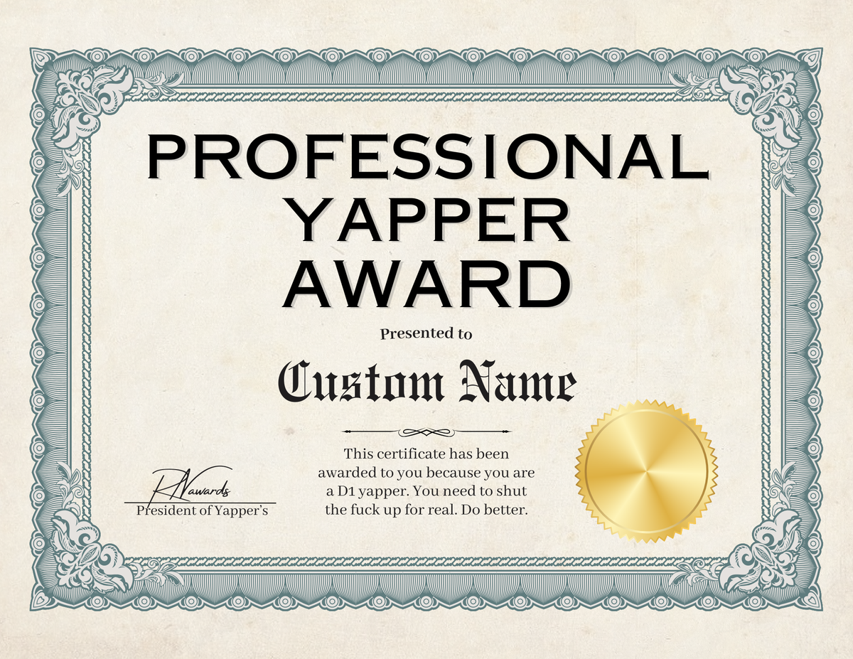 Yapper Sign Professional Yapper Award – RN Awards
